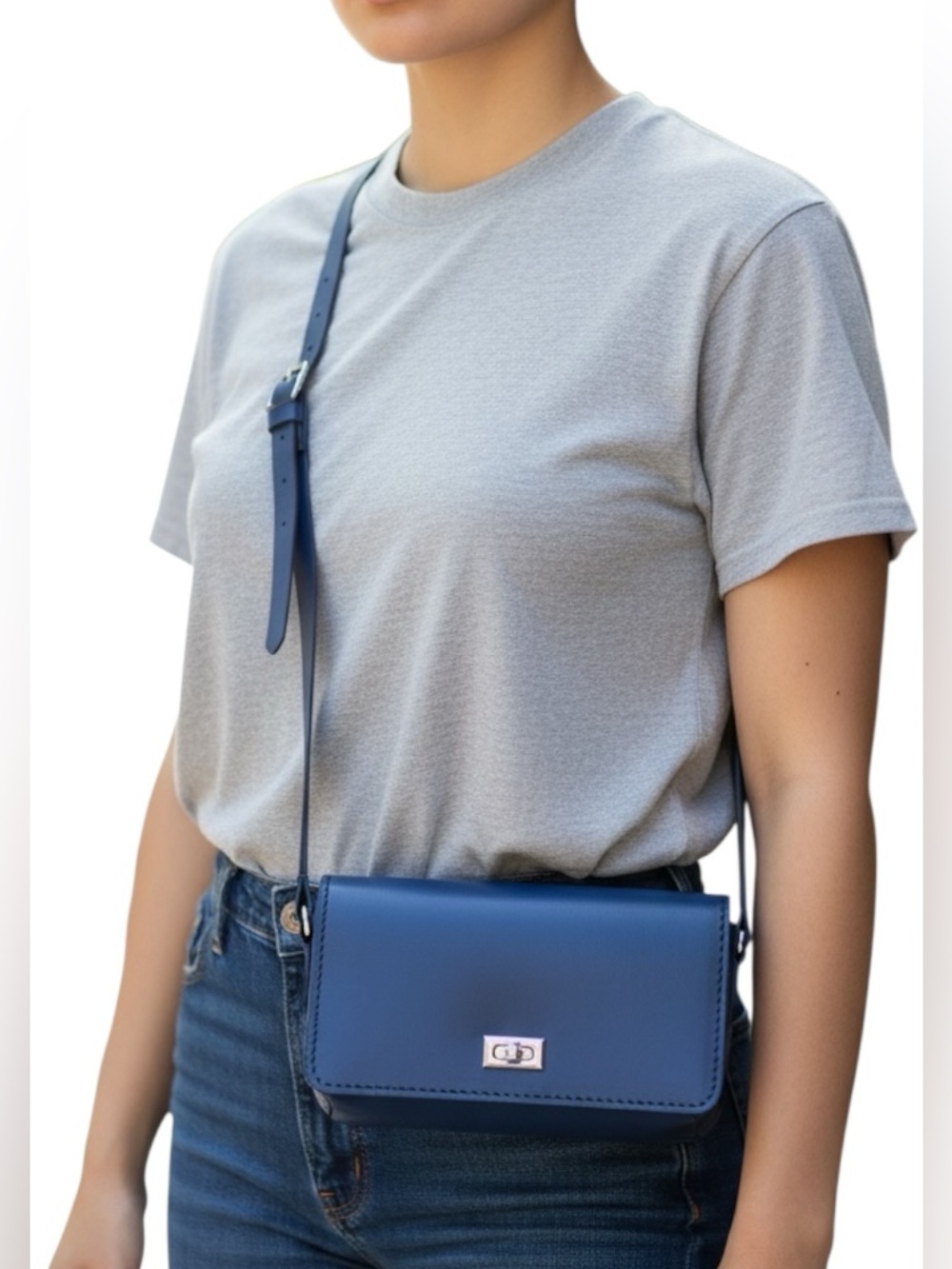 New Handmade Real Cowhide Leather Crossbody Women Bag Navy Blue Silver Hardware
